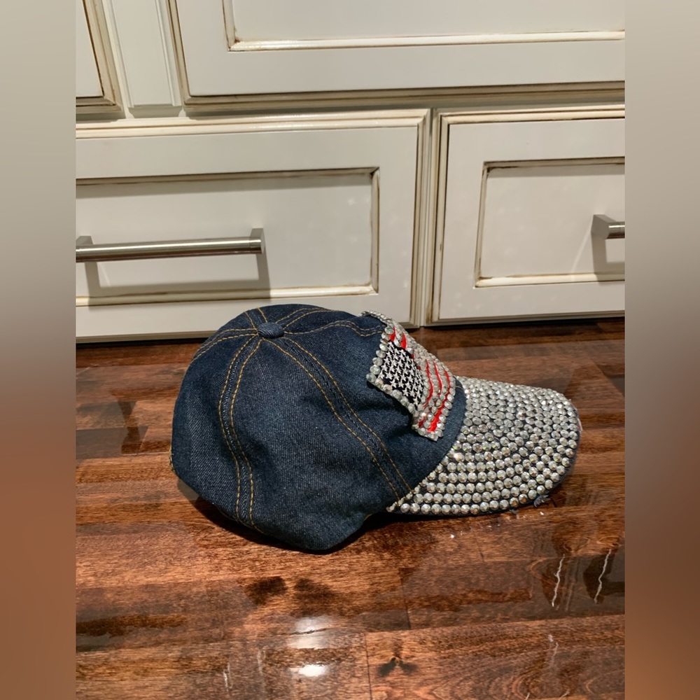 PATRIOTIC BLING WITH AMERICAN FLAG PATCH HAT BALL CAP ADJUSTABLE BLUE DENIM - Picture 7 of 7